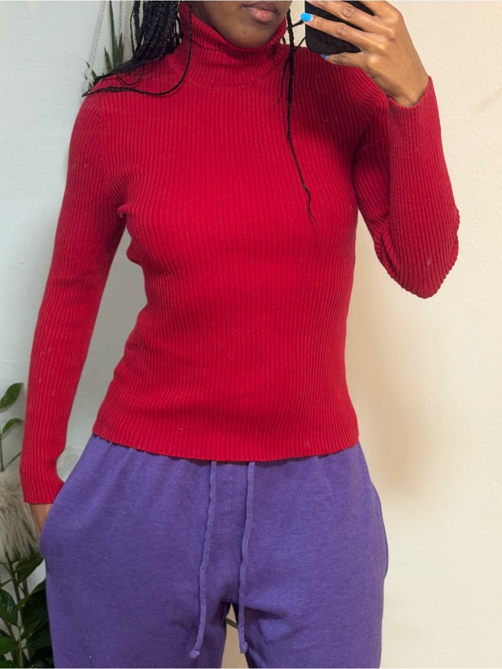 Red Ribbed Turtleneck Sweater